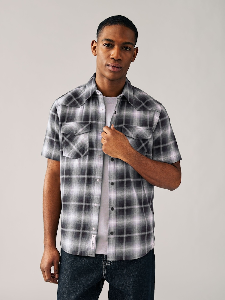 Black & White Short Sleeve Check Twin Pocket Western 100% Cotton Shirt - Image 1 of 8