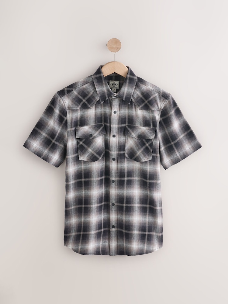 Чорно-білий - з коротким рукавом картатий Twin Pocket Western 100% Cotton сорочки - Image 6 of 8