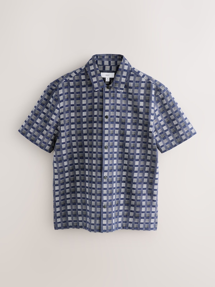 Navy Blue Patchwork Check Short Sleeve Shirt - Image 1 of 3