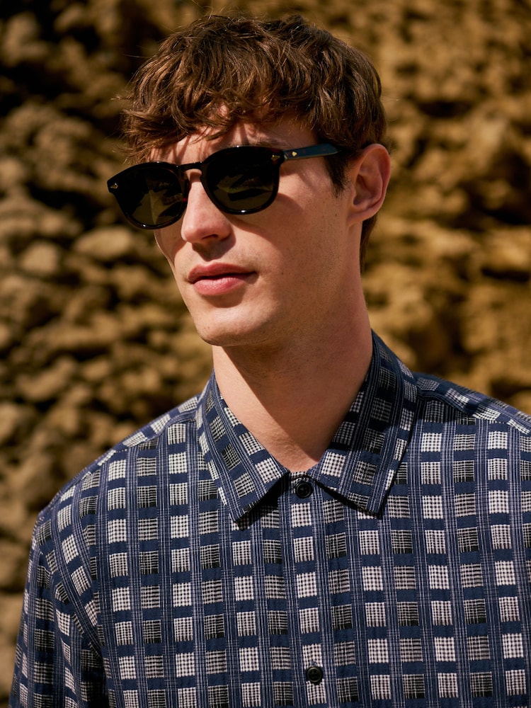 Navy Blue Patchwork Check Short Sleeve Shirt - Image 1 of 7 Navy Blue Patchwork Check Short Sleeve Shirt - Image 1 of 7