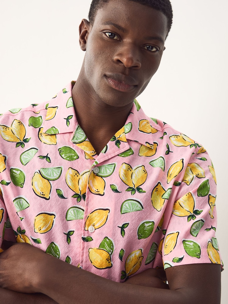 Pink Lemon Fruit Printed Short Sleeve Shirt - Image 1 of 8 Pink Lemon Fruit Printed Short Sleeve Shirt - Image 1 of 8