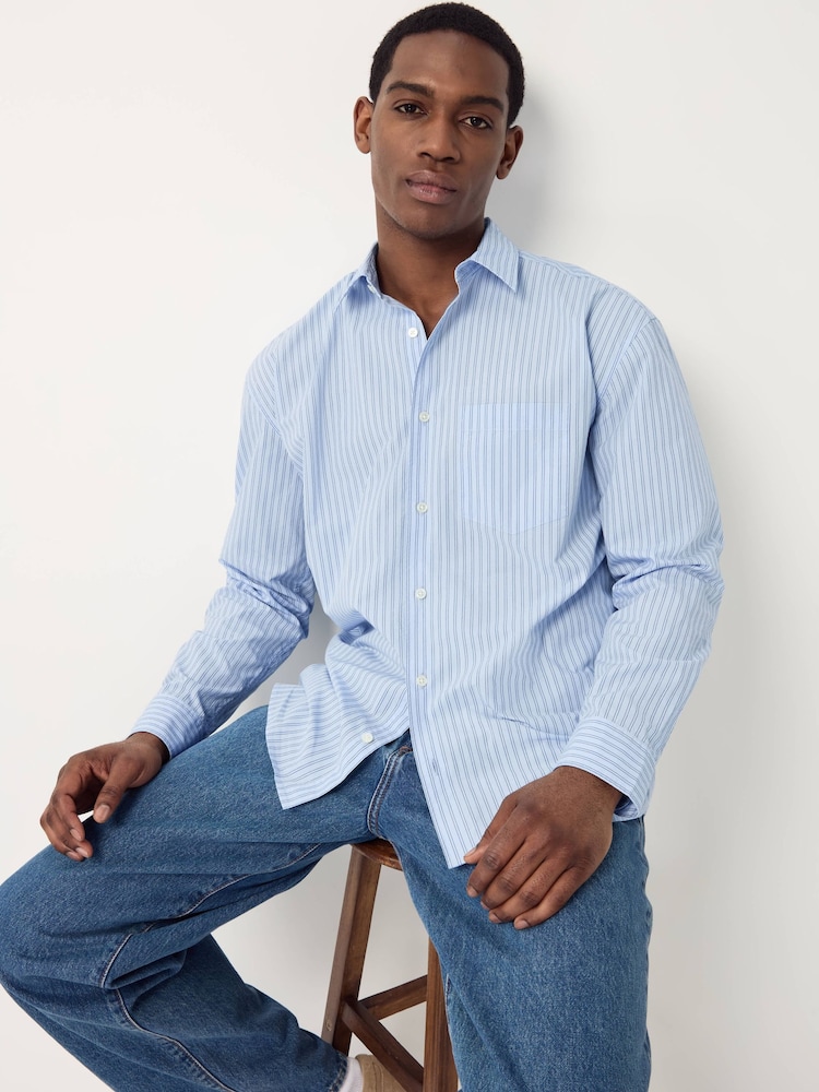 Blue Stripe Poplin Long Sleeve Oxford 100% Cotton Shirt - Image 1 of 3