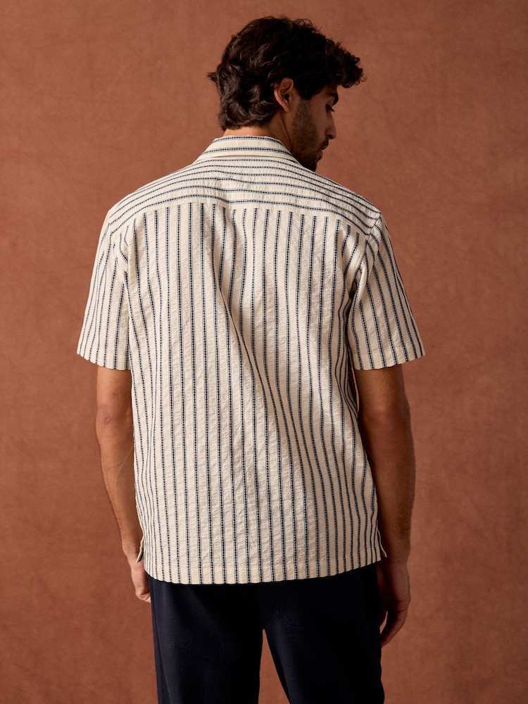 Black/White 100% Cotton Textured Stripe Short Sleeve Shirt - Image 3 of 8