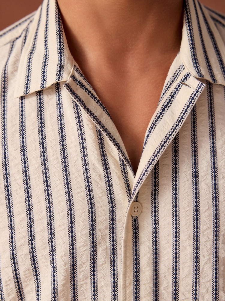 Black/White 100% Cotton Textured Stripe Short Sleeve Shirt - Image 4 of 8