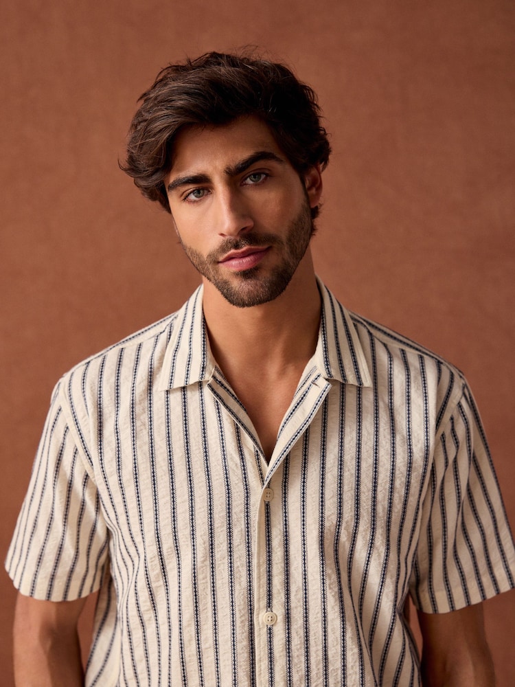 Black/White 100% Cotton Textured Stripe Short Sleeve Shirt - Image 5 of 8