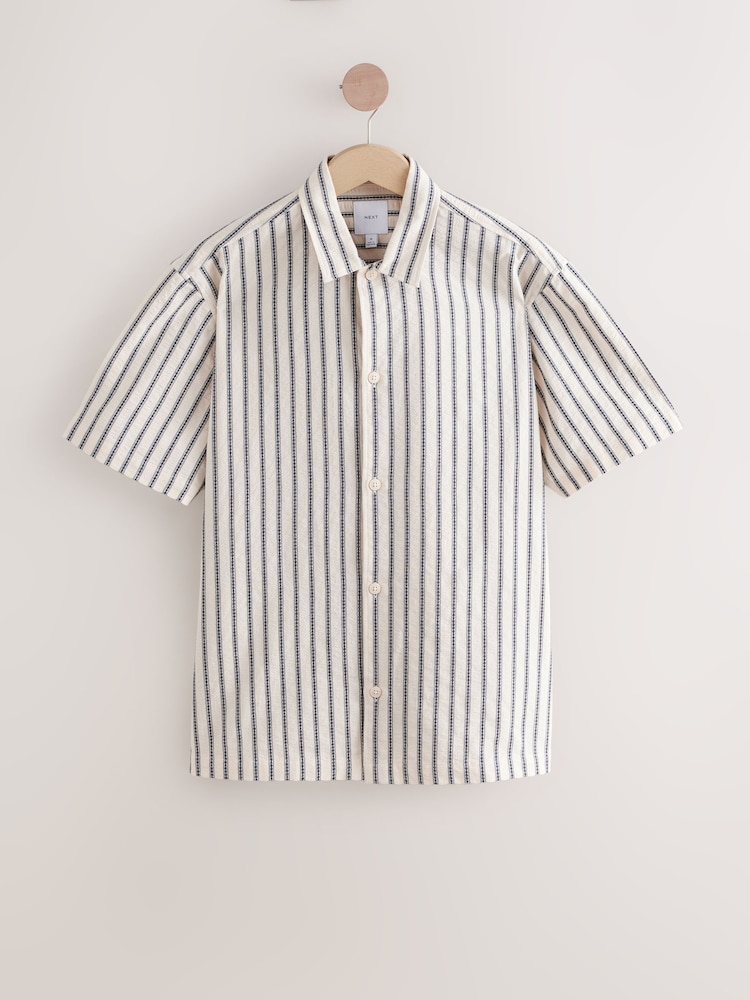 Black/White 100% Cotton Textured Stripe Short Sleeve Shirt - Image 6 of 8