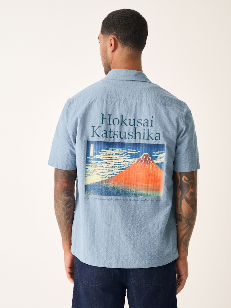 Blue 100% Cotton Hokusai Printed Short Sleeve Shirt - Image 1 of 10 Blue 100% Cotton Hokusai Printed Short Sleeve Shirt - Image 1 of 10