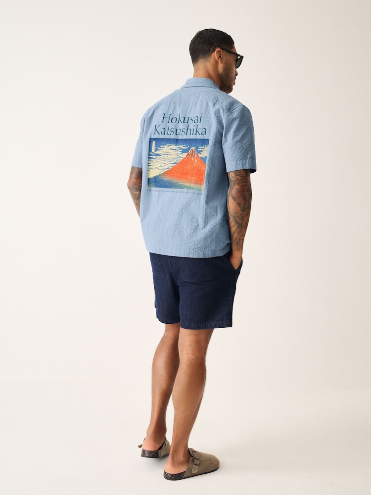 Blue 100% Cotton Hokusai Printed Short Sleeve Shirt - Image 3 of 10