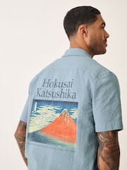 Blue 100% Cotton Hokusai Printed Short Sleeve Shirt - Image 4 of 6