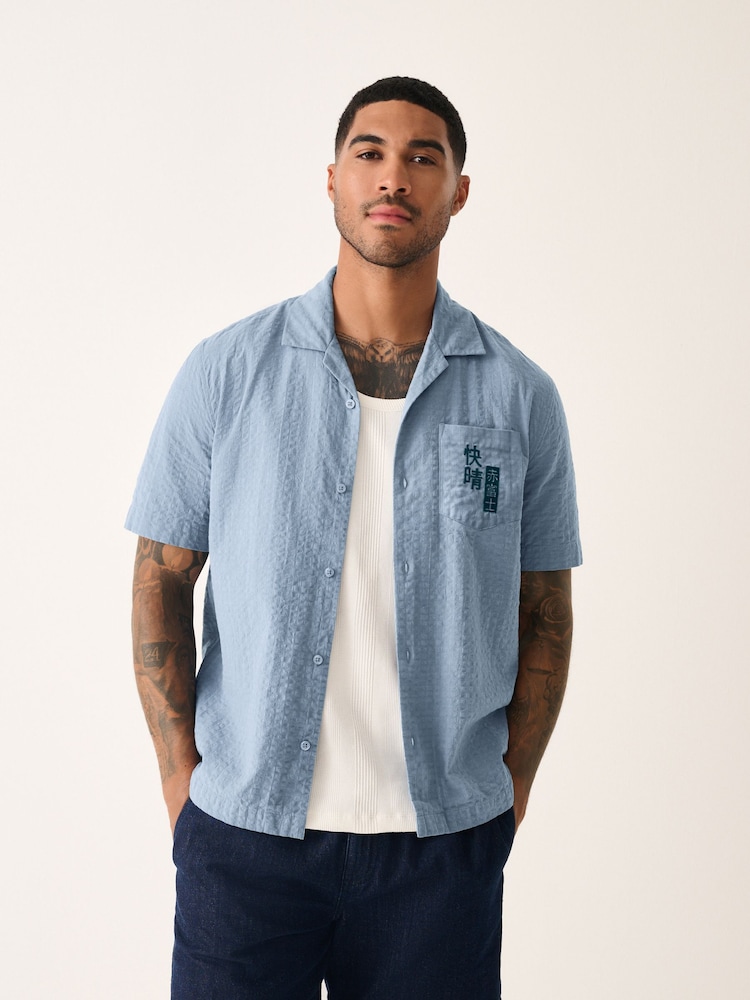 Blue 100% Cotton Hokusai Printed Short Sleeve Shirt - Image 4 of 10
