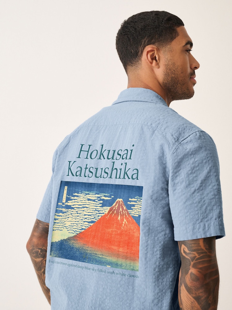 Blue 100% Cotton Hokusai Printed Short Sleeve Shirt - Image 5 of 10