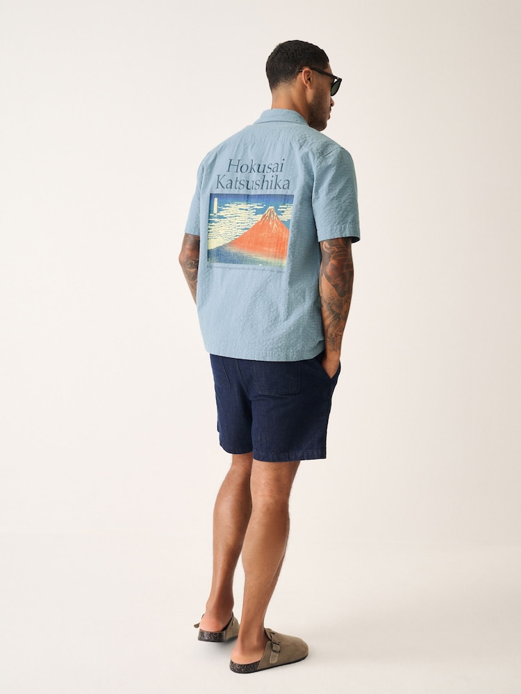 Blue 100% Cotton Hokusai Printed Short Sleeve Shirt - Image 6 of 6