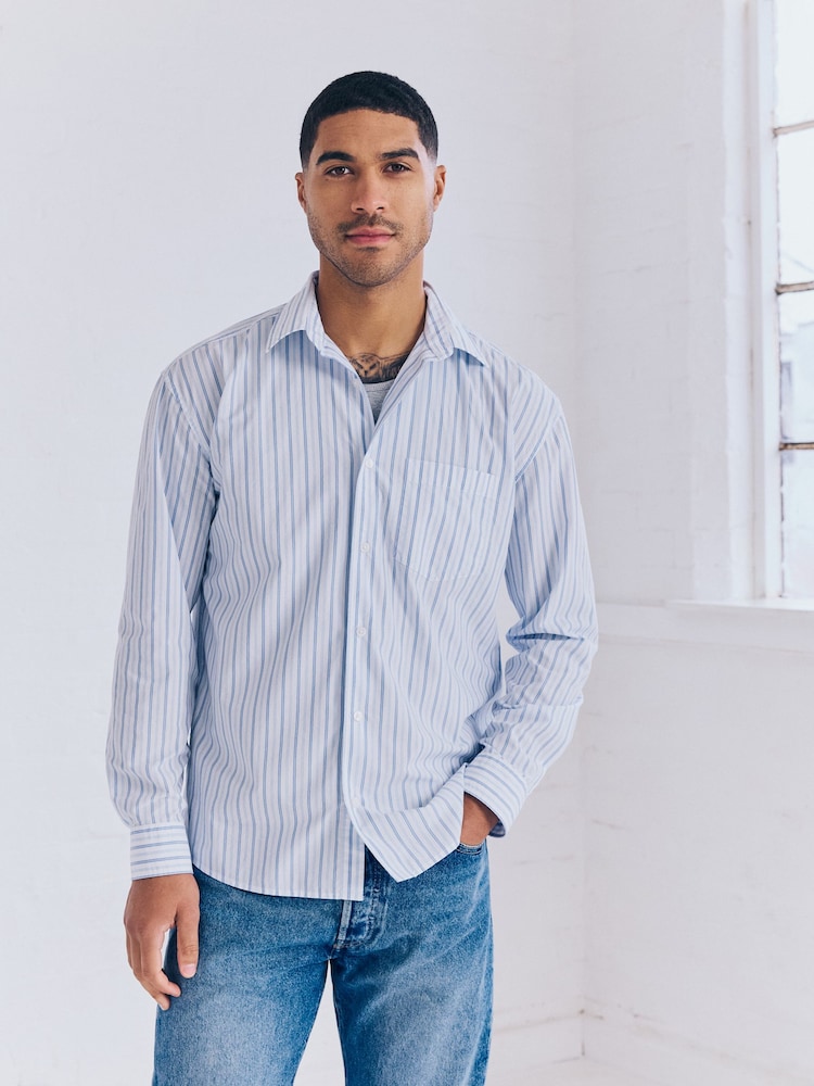 White Stripe Poplin Long Sleeve Oxford 100% Cotton Shirt - Image 1 of 10
