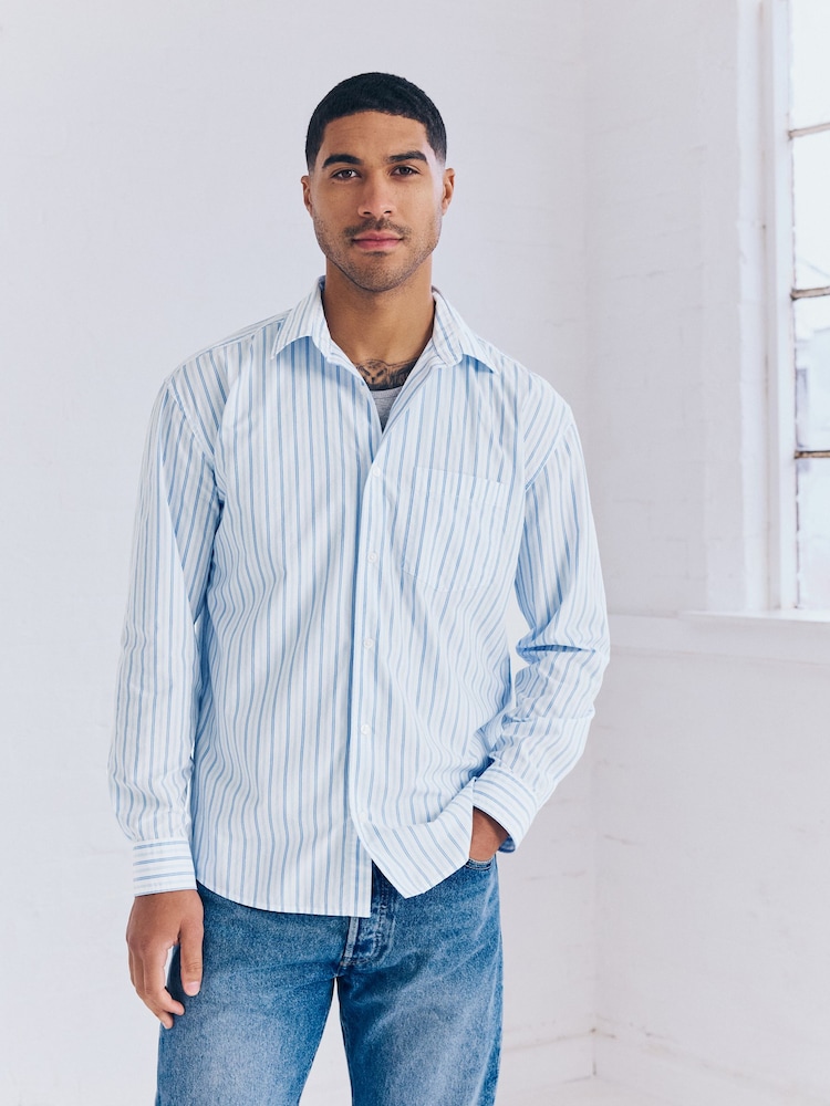 White Stripe Poplin Long Sleeve Oxford 100% Cotton Shirt - Image 1 of 10 White Stripe Poplin Long Sleeve Oxford 100% Cotton Shirt - Image 1 of 10