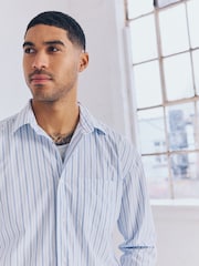 White Stripe Poplin Long Sleeve Oxford 100% Cotton Shirt - Image 5 of 10