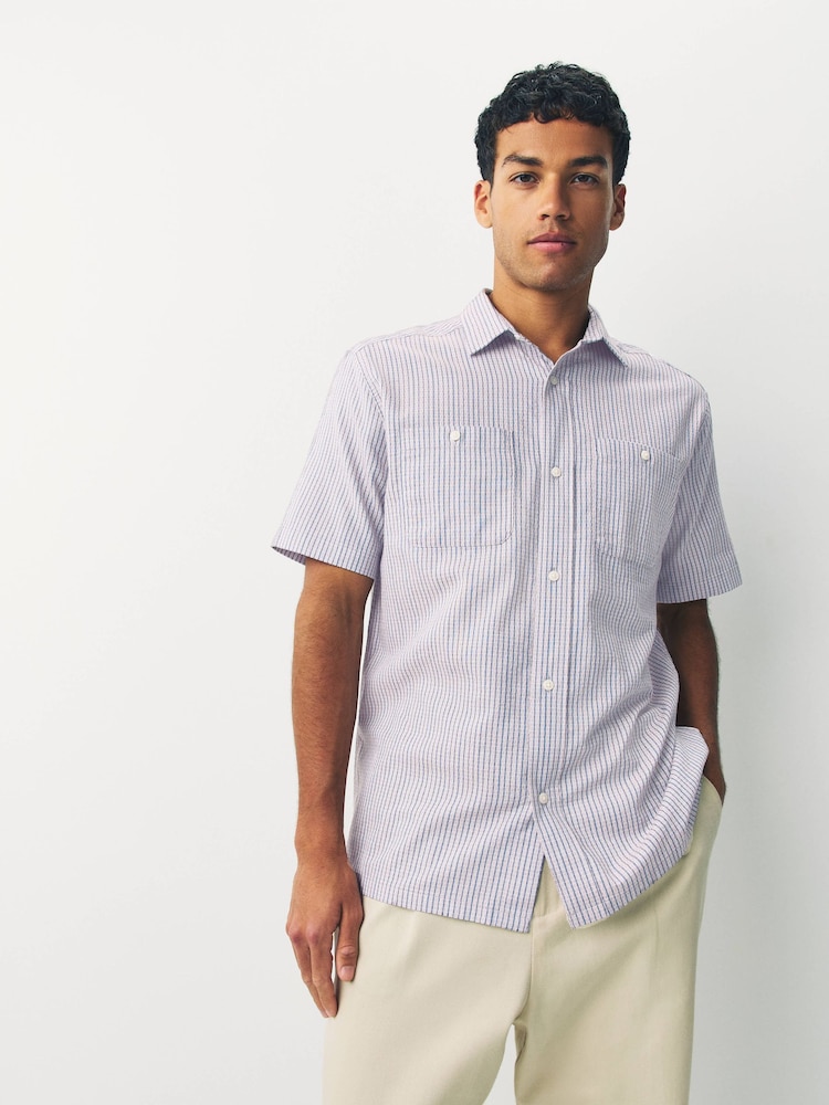 Pink Textured Stripe Short Sleeve 100% Cotton Shirt - Image 1 of 7 Pink Textured Stripe Short Sleeve 100% Cotton Shirt - Image 1 of 7