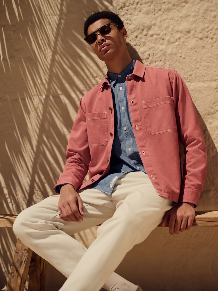 Clay Red 100% Cotton Contrast Stitch Shacket Jacket - Image 1 of 8