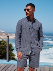 Navy Blue Stripe Cotton Long Sleeve 100% Cotton Shirt - Image 1 of 11
