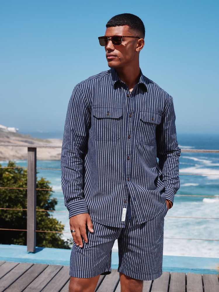 Navy Blue Stripe Cotton Long Sleeve 100% Cotton Shirt - Image 1 of 11 Navy Blue Stripe Cotton Long Sleeve 100% Cotton Shirt - Image 1 of 11