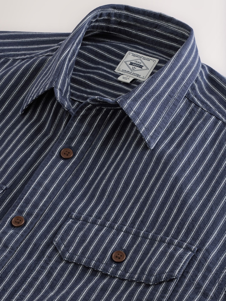 Navy Blue Stripe Cotton Long Sleeve 100% Cotton Shirt - Image 11 of 11