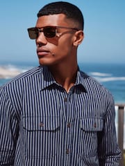 Navy Blue Stripe Cotton Long Sleeve 100% Cotton Shirt - Image 3 of 11