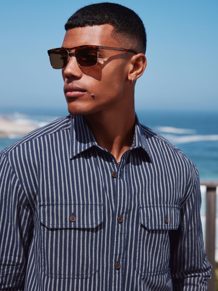 Donkerblauw - Stripe Cotton Long Sleeve 100% Cotton Shirt - Image 3 of 11
