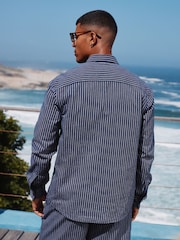 Navy Blue Stripe Cotton Long Sleeve 100% Cotton Shirt - Image 4 of 11