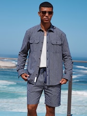 Navy Blue Stripe Cotton Long Sleeve 100% Cotton Shirt - Image 5 of 11