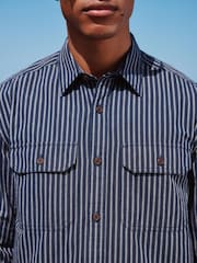 Navy Blue Stripe Cotton Long Sleeve 100% Cotton Shirt - Image 6 of 11