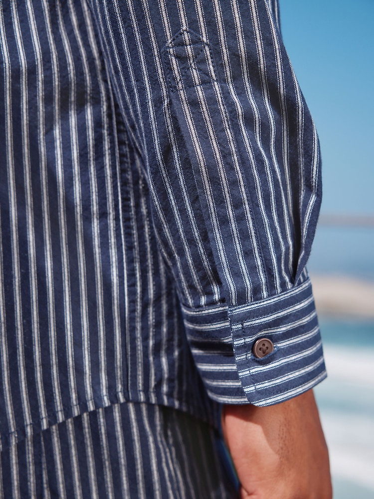 Donkerblauw - Stripe Cotton Long Sleeve 100% Cotton Shirt - Image 7 of 11