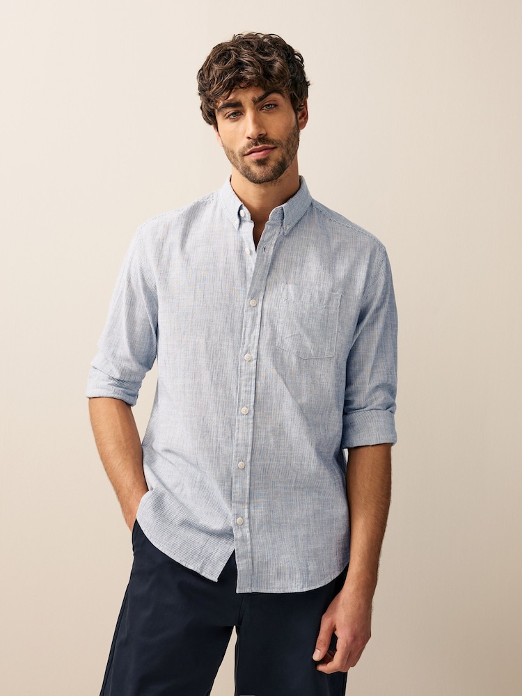 Navy Blue Textured Long Sleeve 100% Cotton Shirt - Image 1 of 10