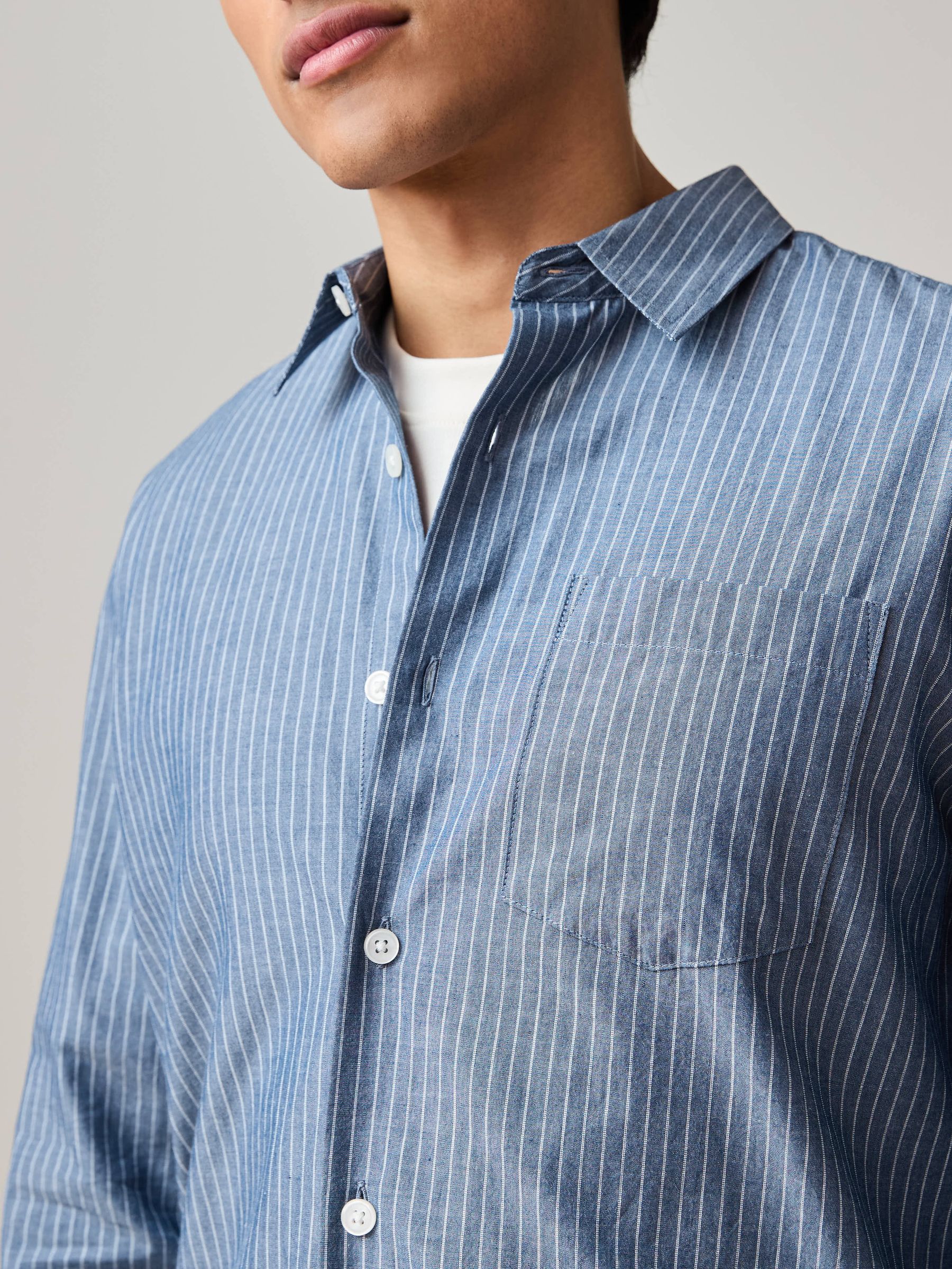 Buy Blue Chambray Denim Stripe Long Sleeve 100% Cotton Shirt from