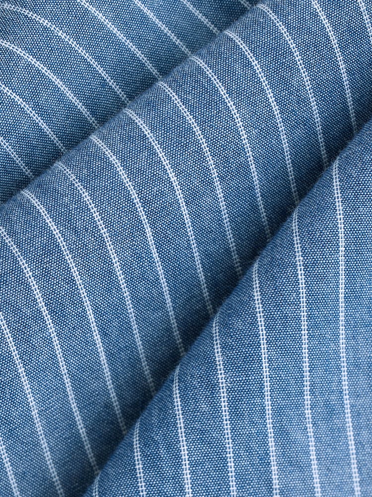 Blue Chambray Denim Stripe Long Sleeve 100% Cotton Shirt - Image 7 of 7
