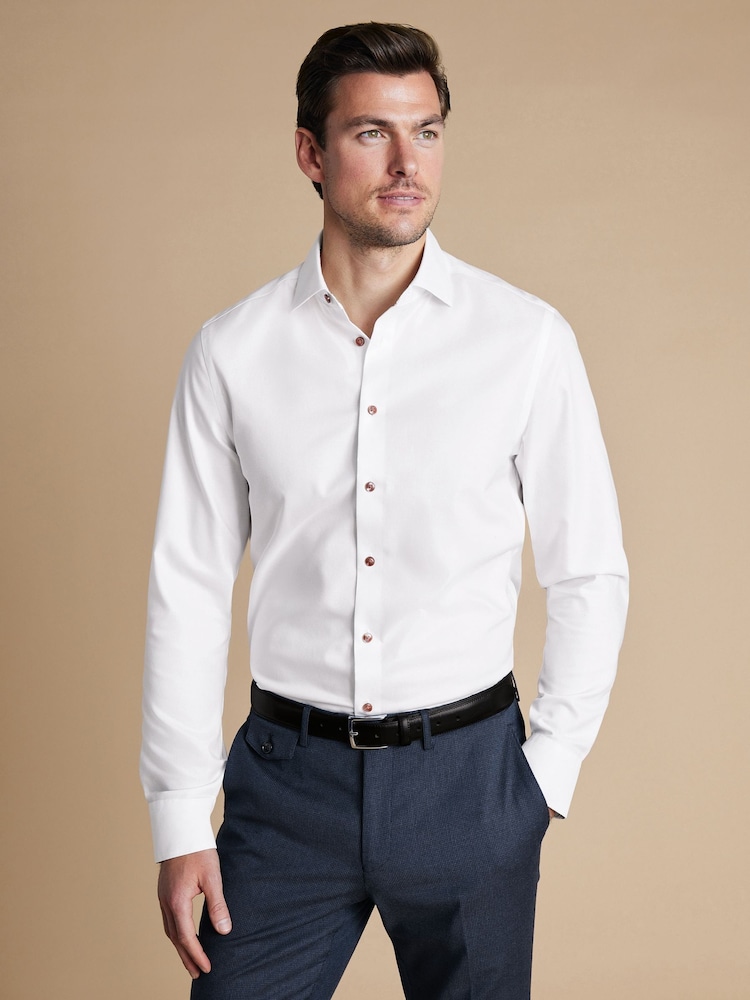 Charles Tyrwhitt White Slim Fit Non-Iron Twill Printed Trim 100% Cotton Shirt - Image 1 of 6