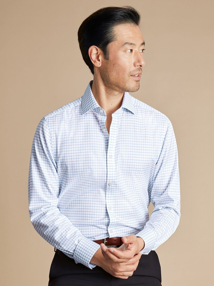 Charles Tyrwhitt Blue Slim Fit Cutaway Collar Non Iron Fine 100% Cotton Check Shirt - Image 2 of 7
