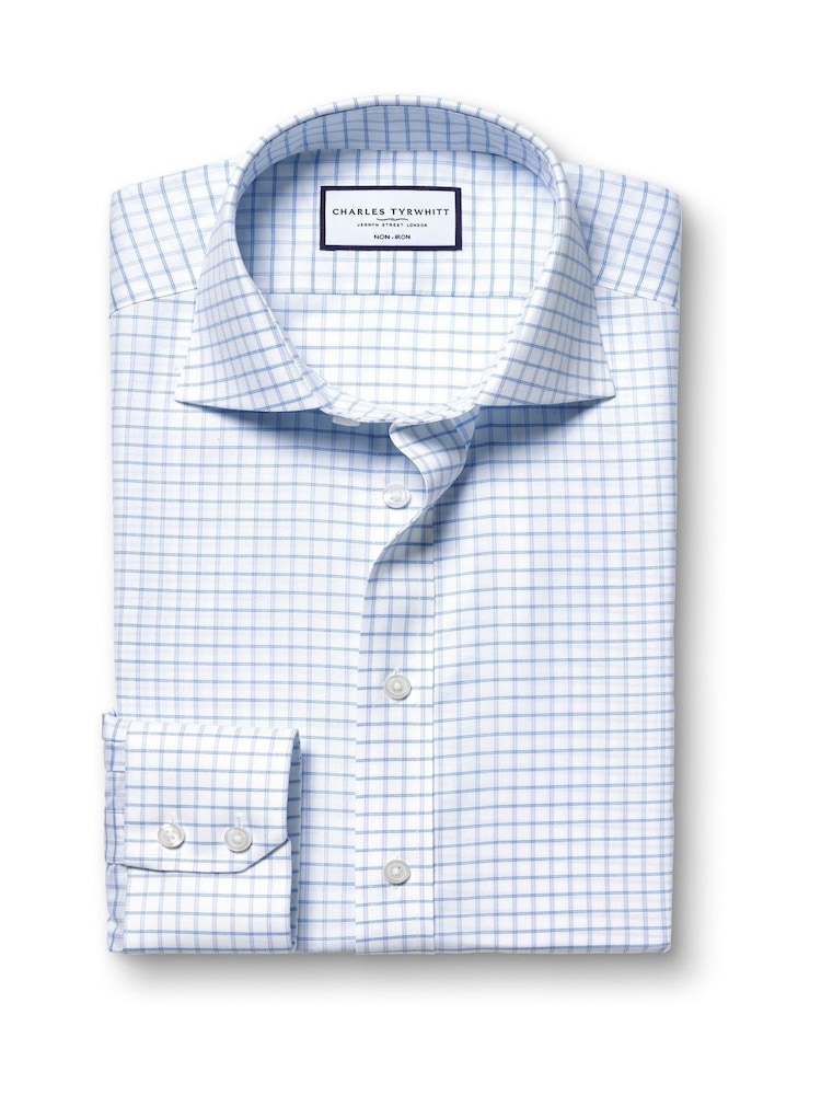 Charles Tyrwhitt Blue Slim Fit Cutaway Collar Non Iron Fine 100% Cotton Check Shirt - Image 5 of 7