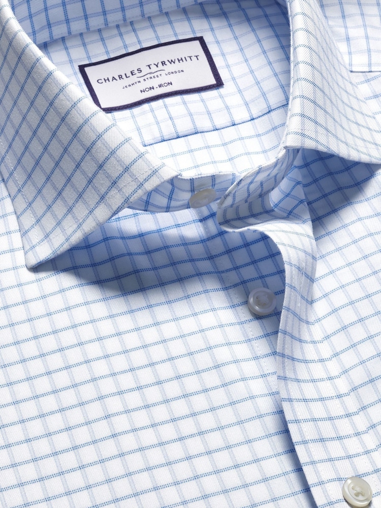 Charles Tyrwhitt Blue Slim Fit Cutaway Collar Non Iron Fine 100% Cotton Check Shirt - Image 6 of 7