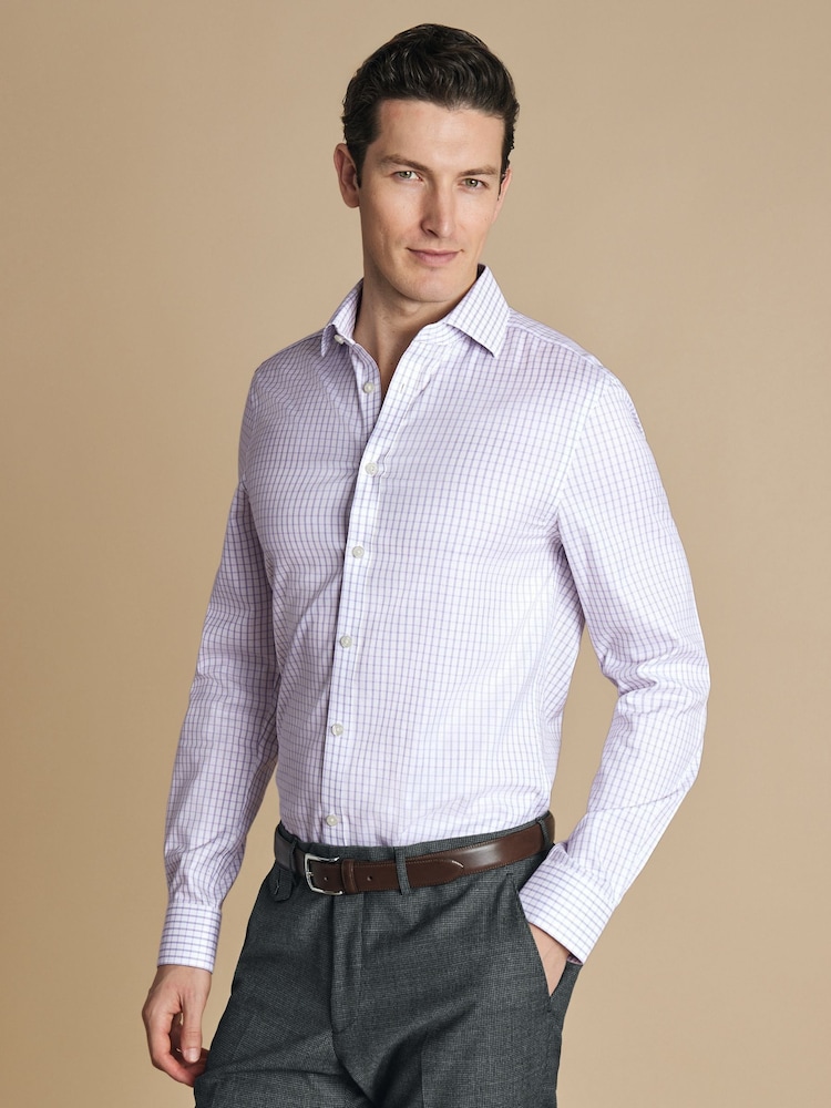 Charles Tyrwhitt Purple Slim Fit Cutaway Collar Non-Iron Fine 100% Cotton Check Shirt - Image 1 of 6