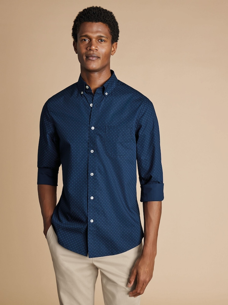 Charles Tyrwhitt Blue Slim Fit Non-Iron Spot Casual Print 100% Cotton Shirt - Image 2 of 7
