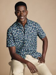 Charles Tyrwhitt Blue Slim Fit Non Iron Short Sleeve Floral Print 100% Cotton Shirt - Image 1 of 5