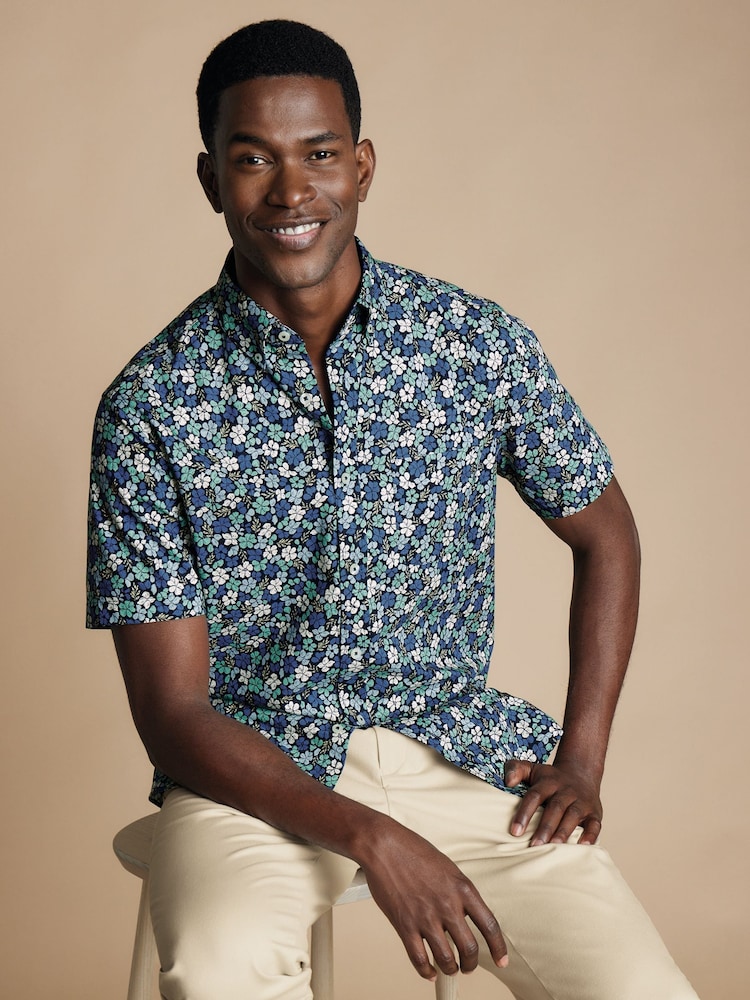Charles Tyrwhitt Blue Slim Fit Non Iron Short Sleeve Floral Print 100% Cotton Shirt - Image 1 of 5