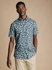 Charles Tyrwhitt Blue Slim Fit Non Iron Short Sleeve Floral Print 100% Cotton Shirt - Image 2 of 5