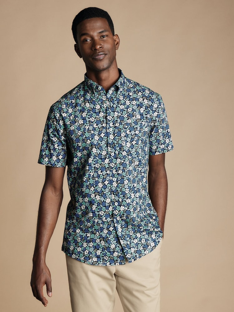 Charles Tyrwhitt Blue Slim Fit Non Iron Short Sleeve Floral Print 100% Cotton Shirt - Image 2 of 5