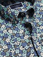 Charles Tyrwhitt Blue Slim Fit Non Iron Short Sleeve Floral Print 100% Cotton Shirt - Image 4 of 5