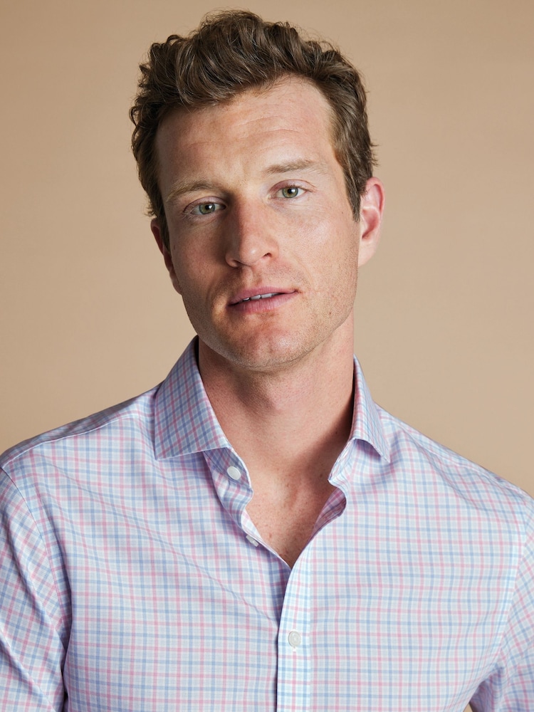 Charles Tyrwhitt Pink Slim Fit Non Iron Cutaway Collar Grid 100% Cotton Check Shirt - Image 2 of 5