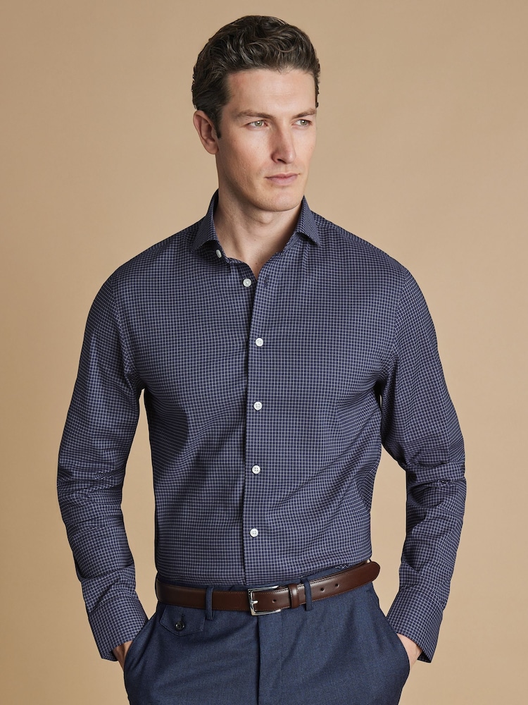 Charles Tyrwhitt Blue Slim Fit Non Iron Stretch Twill Fine Check Shirt - Image 1 of 6