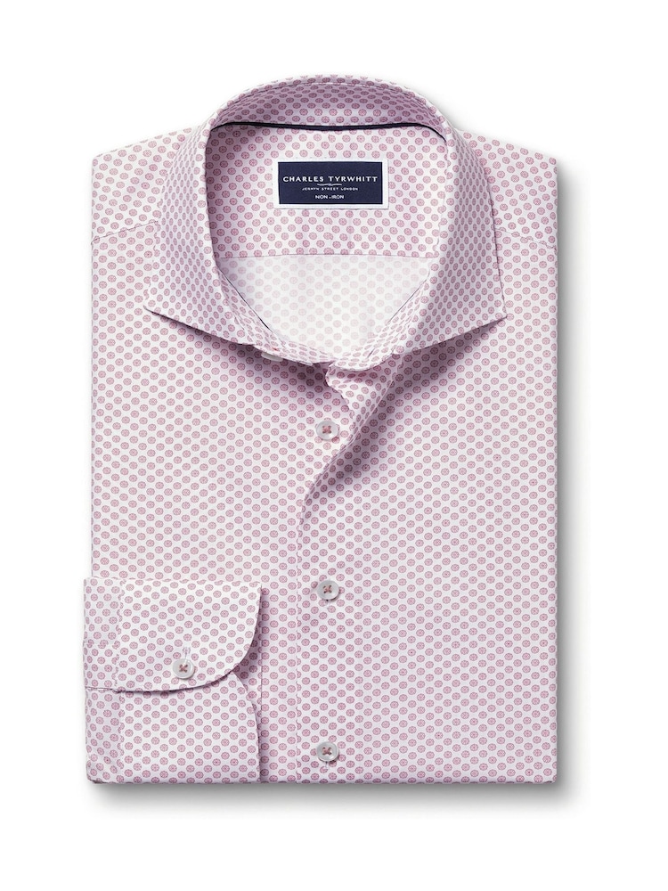 Charles Tyrwhitt Red Slim Fit Non-iron Medallion Print 100% Cotton Shirt - Image 4 of 6