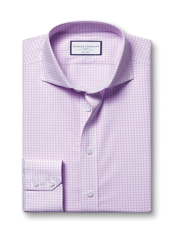 Charles Tyrwhitt Purple Slim Fit Non Iron Poplin Grid 100% Cotton Check Shirt - Image 3 of 5