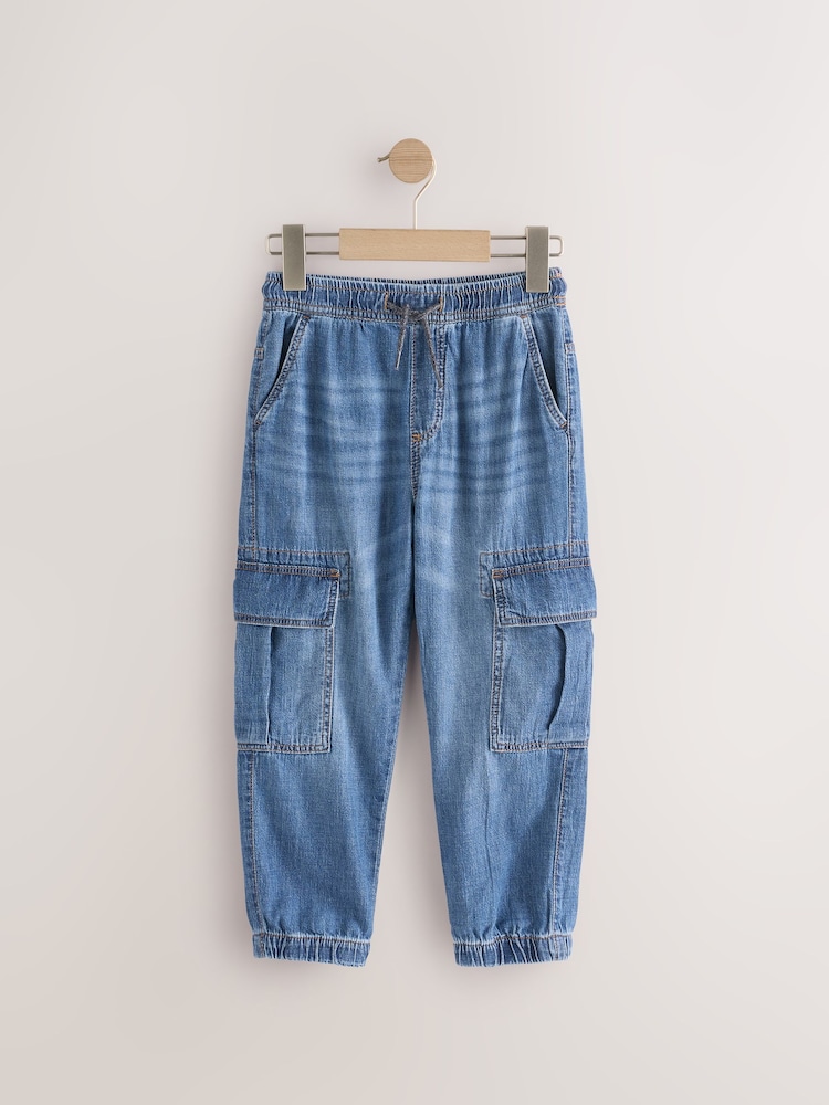 Mid Blue Denim Denim Linen Cargo Trousers - Image 1 of 4