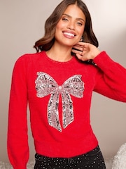 Lipsy Red Bow Christmas Slogan Crew Neck Knitted Jumper - Image 1 of 4